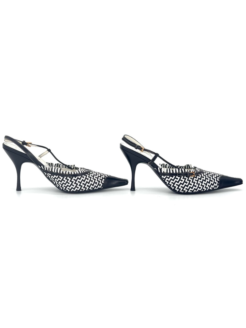 Prada Retro Vintage Cap Toe Mini Buckle Fringe Embellished Slingback Pumps 37 - Picture 6 of 9